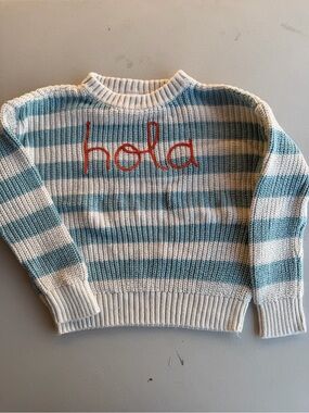Cream and Blue Striped 'hola' Knit Sweater for Kids